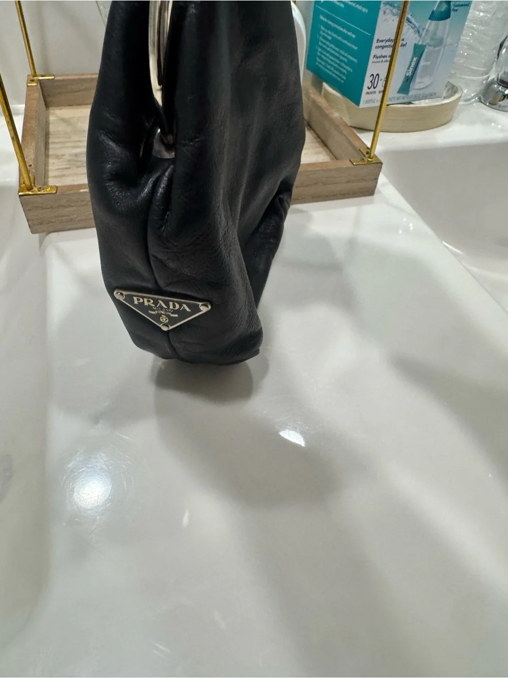 Prada Black Leather Hobo Bag with Silver Triangle Logo